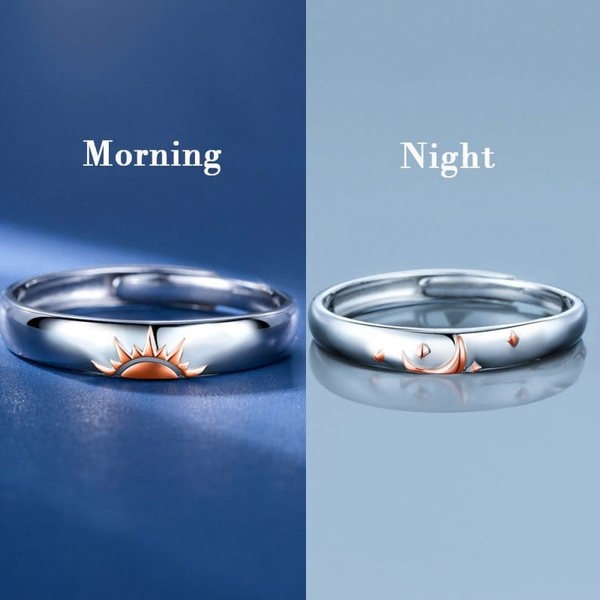 The Colourful Aura Moon and Sun Adjustable Silver Couple Promise his and hers Rings