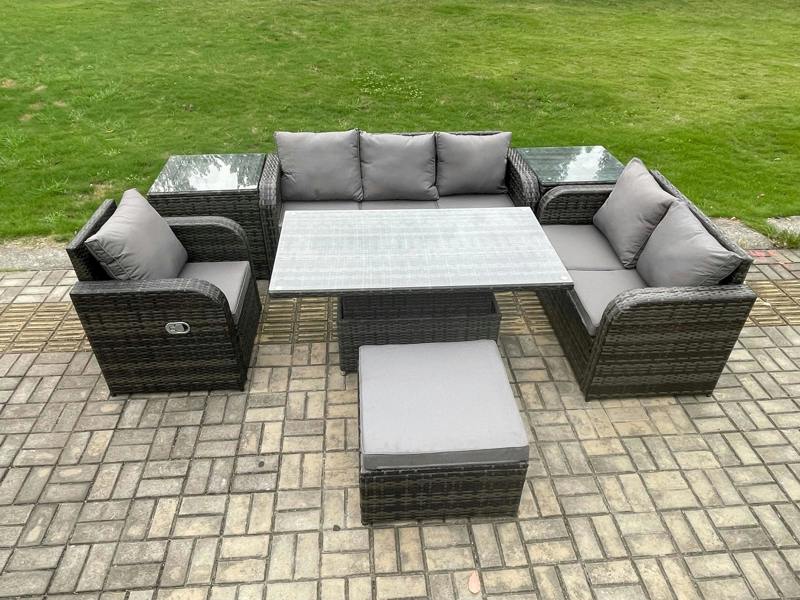 Fimous Rattan Garden Furniture Patio Set, Adjustable Height Table, Reclining Chair Sofa, 2 Side Tables, Big Footstool, Dark Grey Mixed