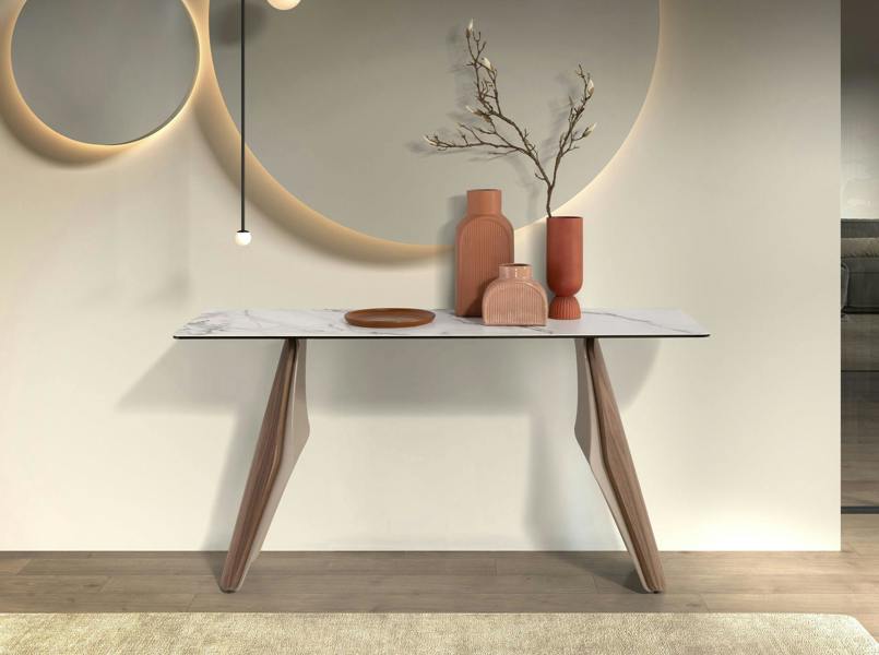 Angel Cerdá Rectangular console table in porcelain marble, metallic sand steel and walnut 3296