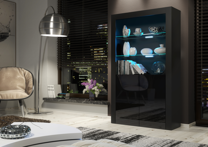 Mex Furniture Premium 170cm Cabinet Sideboard Black High Gloss Doors Display Unit & Free LED Lights