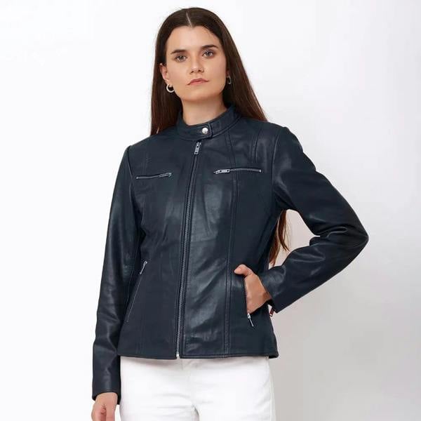 Navy leather jacket for women