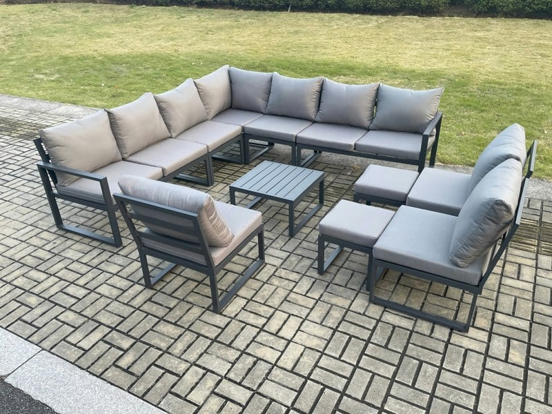 Fimous 12 Seater Outdoor Aluminium Garden Furniture Set Corner Lounge Sofa Set with Square Coffee Table 2 Small Footstools Dark Grey