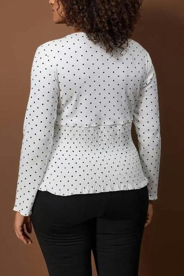 WOVCOR Polka Dot V-Neck Ribbed Knit Plus Size Blouse