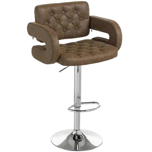 Coffee PU leather swivel bar stool, tufted back, armrests, height-adjust base with footrest