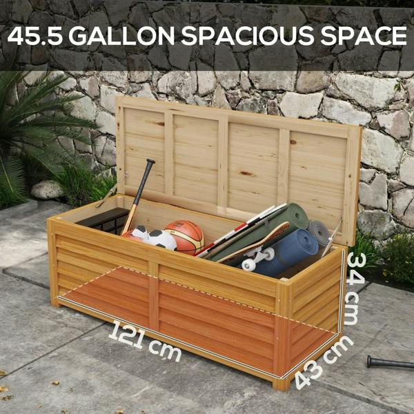 Light brown wooden deck box with lid open and organizer-style front panels