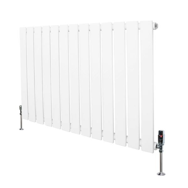 Flat single column radiator in white, 600mm x 910mm, featuring a sleek design with vertical slats and included valves for easy installation