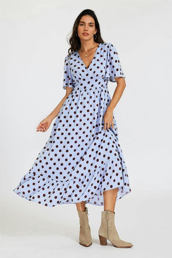 FS Collection Polka Dot Print Angel Sleeve V Neck Frill Hem Midi Dress In Blue