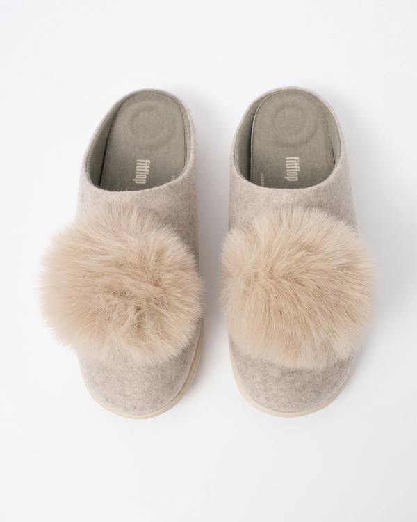 Top view of the FitFlop IQ-Snug Womens Felt Pom Pom Slipper - Hazy Taupe E40