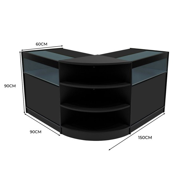 Theseus LED shop counter set in black features a sleek, modern design with glass display sections and ample storage space