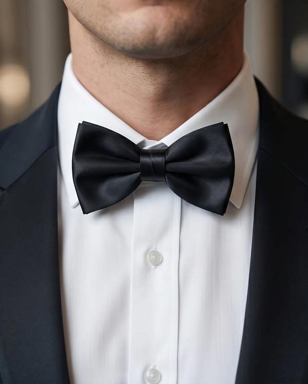 Black bow tie worn with a white shirt and black suit jacket.