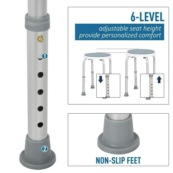 Height-adjustable shower stool with white frame and grey non-slip base feet.