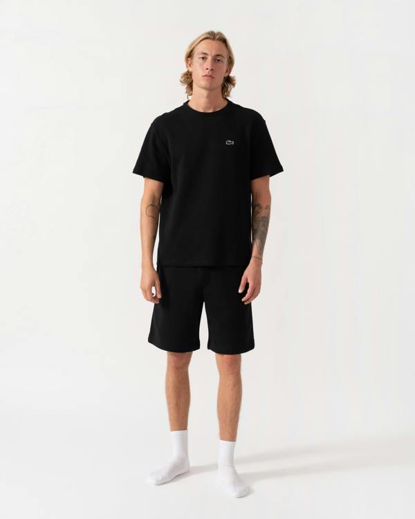 Outfit shot of the Lacoste Waffled Cotton Mens Loungewear T-Shirt - Black 031