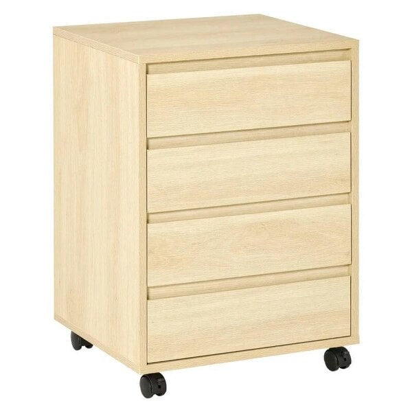 Four-Drawer Office Filing Cabinet, with Wheels - Natural Wood Finish