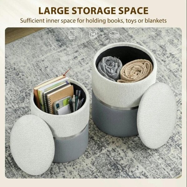 Nesting Round Ottoman with Storage Set of 2 - Cream/Grey