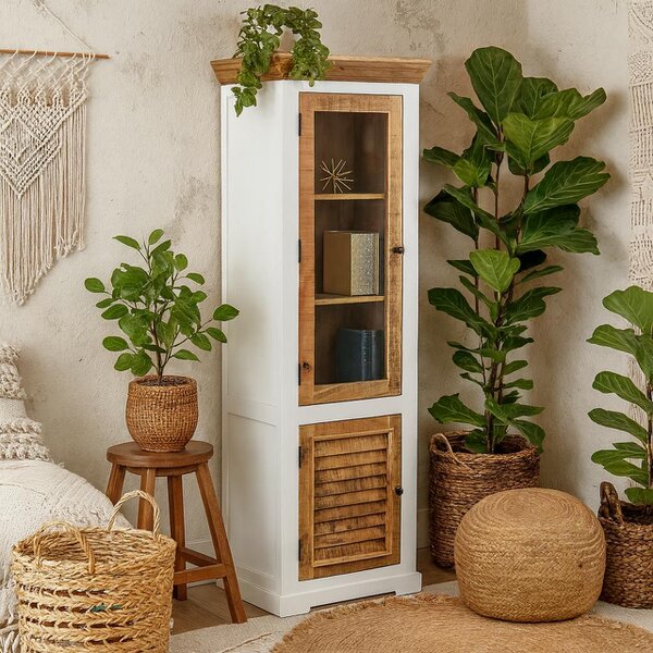 Wyld Haus Alington White and Natural Solid Wood Bookcase Display Cabinet With Shelves and Door
