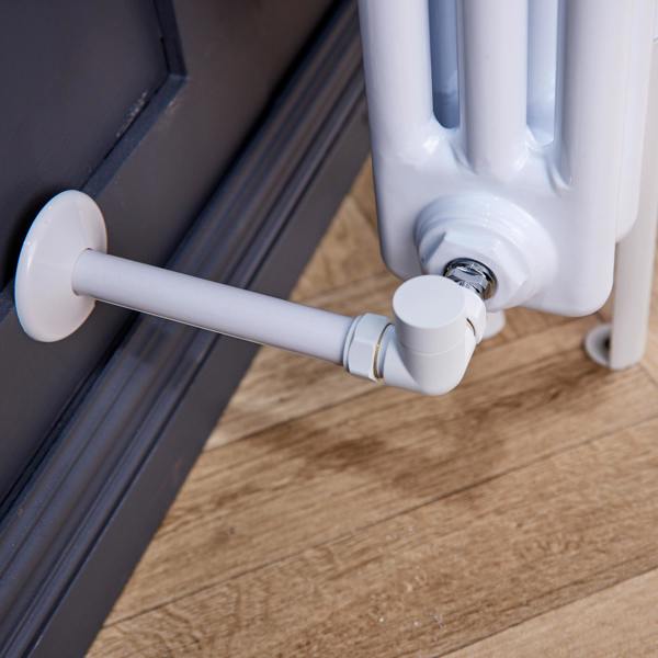 Flode Corner Round Thermostatic TRV & Lockshield | 15mm x 1/2″ | Matt White