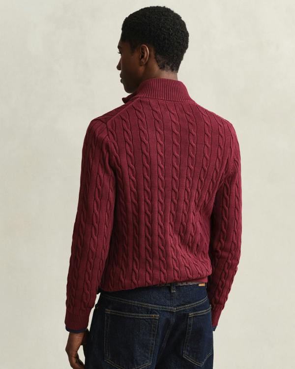 GANT Mens Cotton Cable Half Zip Jumper - 676 Deep Grape Wine | CHO | Designer Mens Half Zip Jumpers