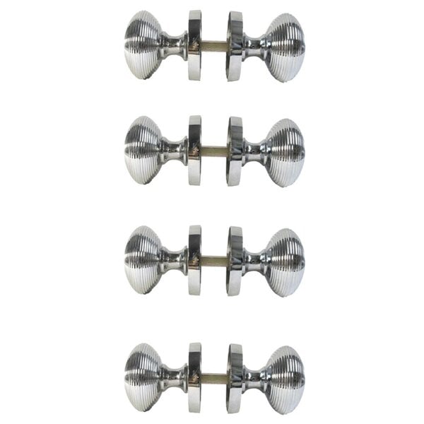 EDH Door Hardware Polished Chrome Reeded Round Door Knobs with Tubular Latch – 1, 4 & 6 Pair Packs - 4 Pairs