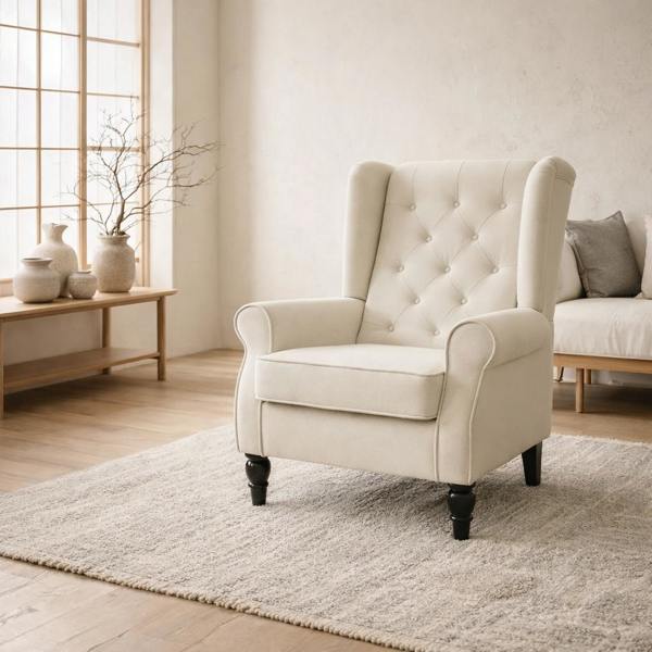 Wyld Haus Vipamo Fabric Cream White Wingback Accent Chair With Button Tufted Upholstery