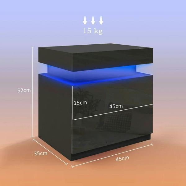Black high-gloss LED bedside table with blue light strip and compact rectangular frame