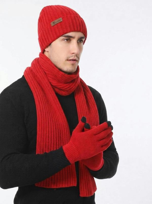 Anniou Men’s Knitted Hat Scarf Gloves Set - Red