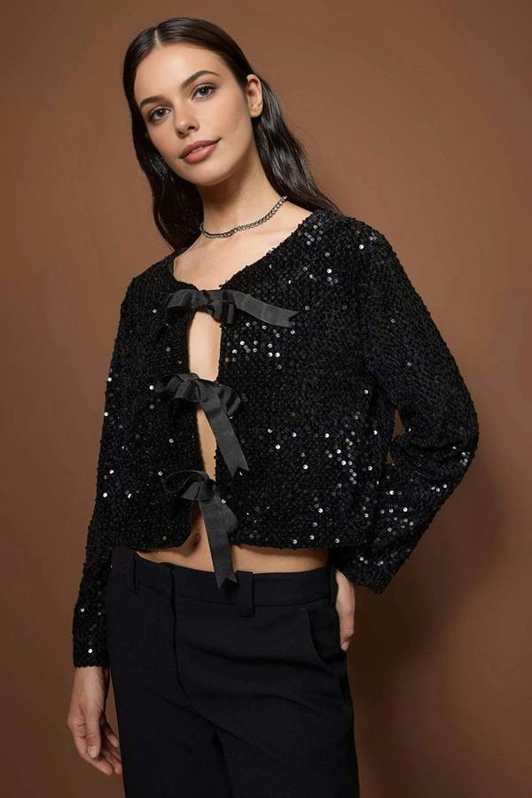 WOVCOR Front-Tie Sequin Party Jacket