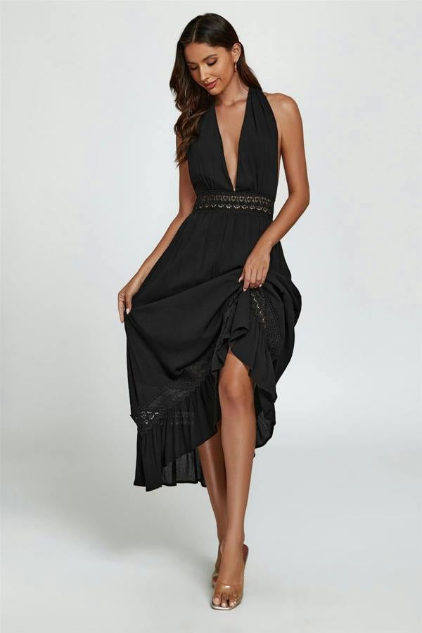 FS Collection Lace Detail Adjustable Deep V Neckline Maxi Dress In Black