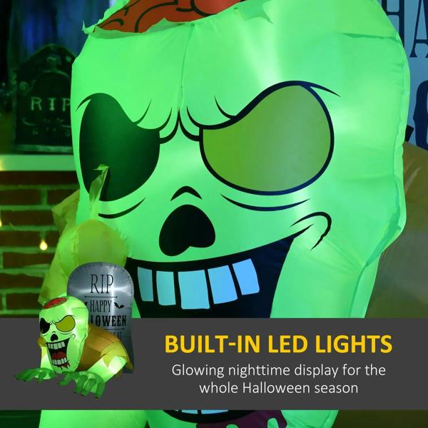 Green inflatable zombie ghost face with RIP Happy Halloween design and built-in LED glow
