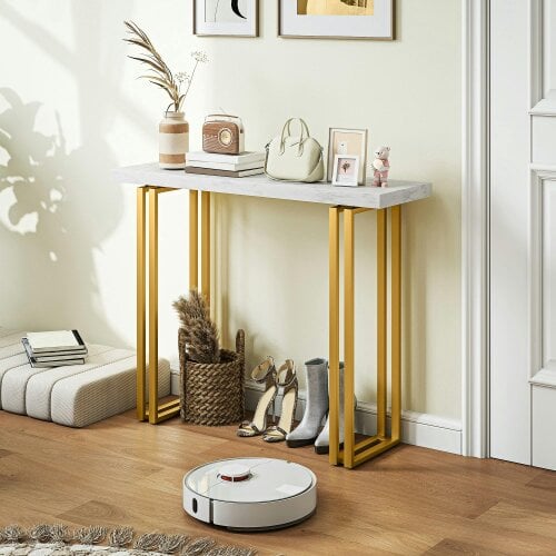 Wyld Haus Mahota Metal And Faux Marble White Slim Entryway Console Table With Safety Bracing