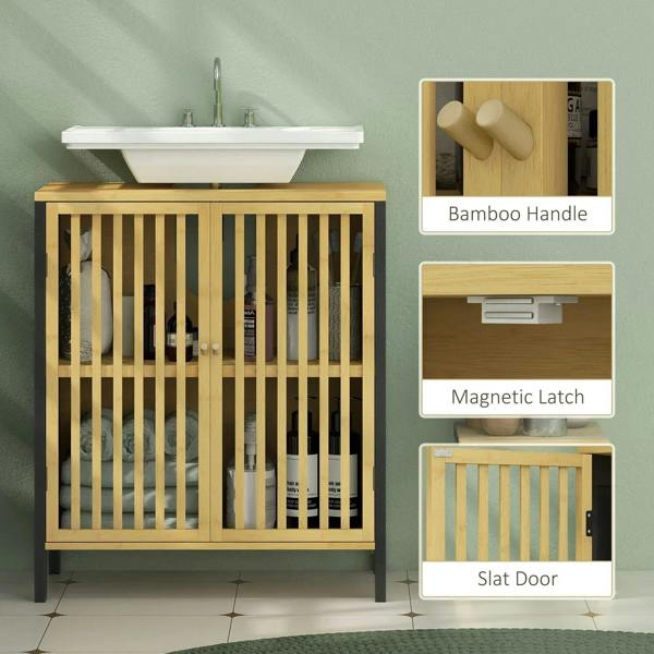 Under sink cabinet features: bamboo handle and slat door on natural wood with black legs