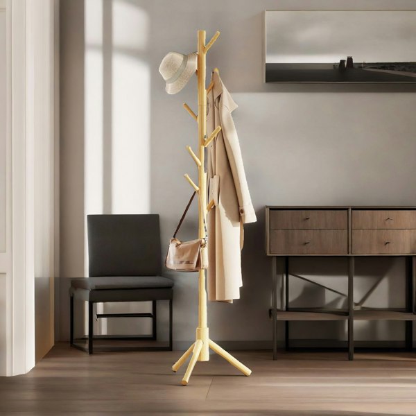 Rafaelo Mobilia Wooden Coat Stand Stand With 8 Hooks Natural Brown