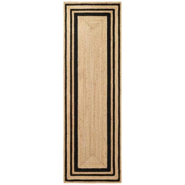 Beige runner rug with black border on a white background