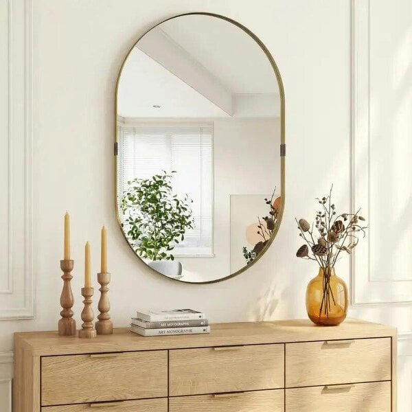 Wall Mirror, Bathroom Mirror with Elevated Aluminium Alloy Frame, 60 x 90 cm, Gold Tone - Gold Tone