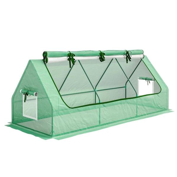Green mini greenhouse with mesh windows and roll-up door, portable frame.