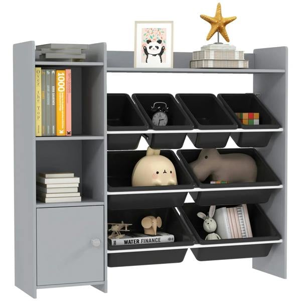 Grey toy storage cabinet with 8 removable bins and open shelves