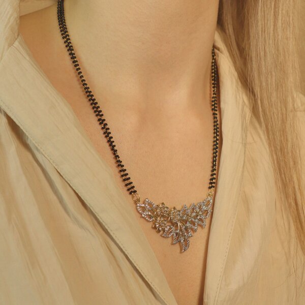 The Colourful Aura Indian Nazaria Silver Floral Zircon Mangalsutra Black Beads Earring and Pendant Necklace