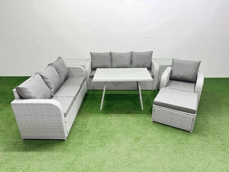 Fimous 7 Pieces Outdoor PE Rattan Garden Furniture with Cushions Reclining Chair 2 Side Tables Big Stool Light Grey