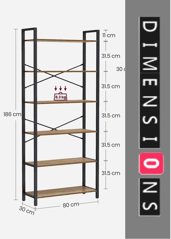 Modcraft 6-Tier Industrial Bookshelf with X-Brace – Tall Slim Bookcase, 30 x 80 x 186 cm, Wheat Brown & Ink Black