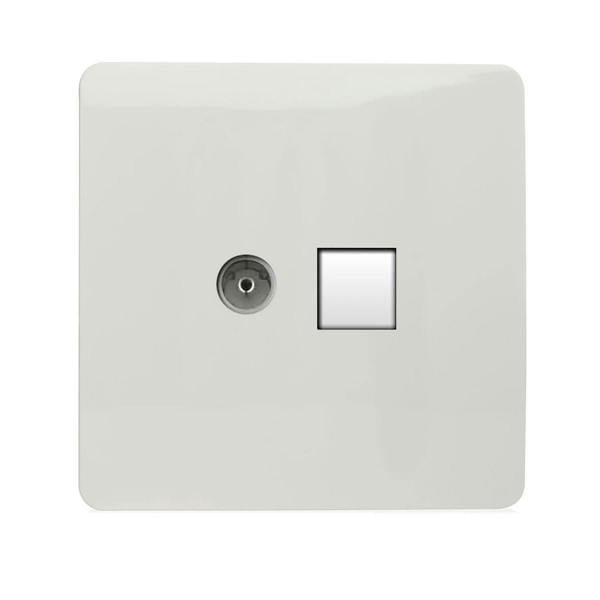 Trendi Switch 2 Gang Female TV Co-Axial & RJ45 Cat 5e PC Ethernet Sockets in Ice White