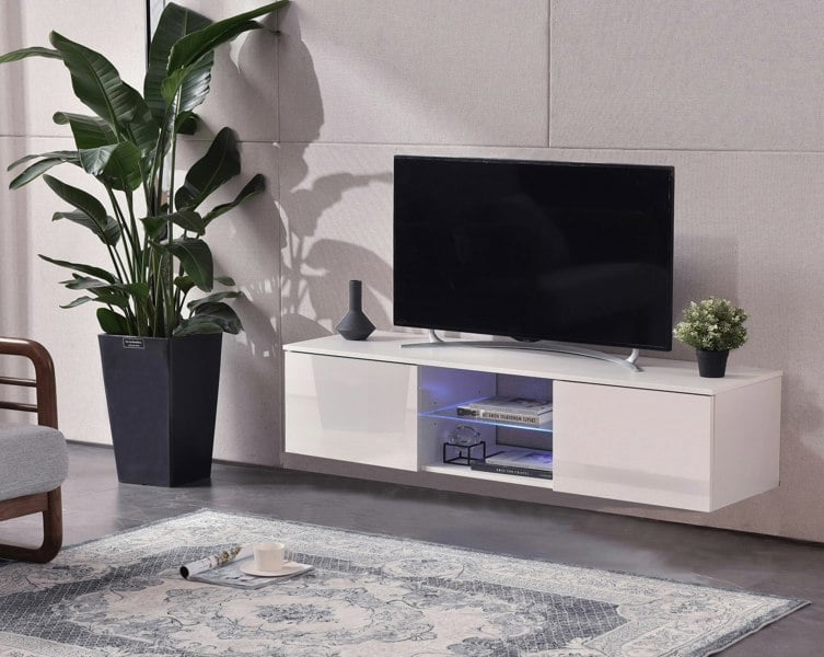 MDA Designs Ara White Modern TV Cabinet for Flat TV Screens of up to 65" Entertainment Unit with Built-in Blue LED Lights