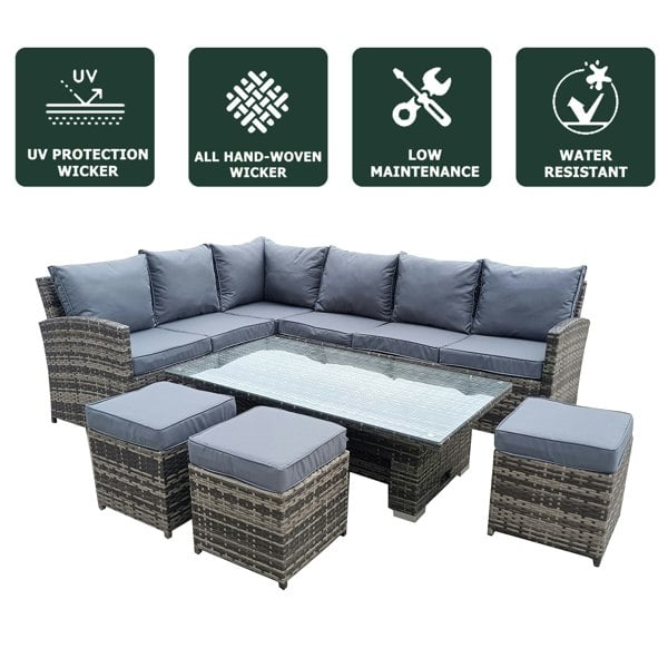 Furniture One 9 Seater Rattan Patio Dining Table Set with Table, Padded Corner Sofa, 3 Stool Outdoor Corner Sofa Set, All-Weather Patio Set