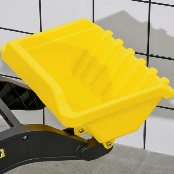 Yellow front loader digger bucket attachment close-up on black excavator frame