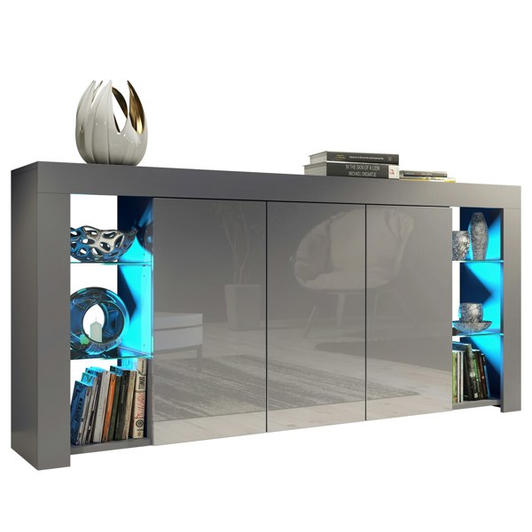 Mex Furniture Exclusive 164cm Cabinet Cupboard Sideboard TV Unit High Gloss Grey Doors & Free LED