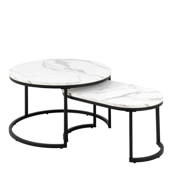 Wyld Haus Copenhagen Round White Marble Effect Nesting Coffee Table Set Black Metal Legs