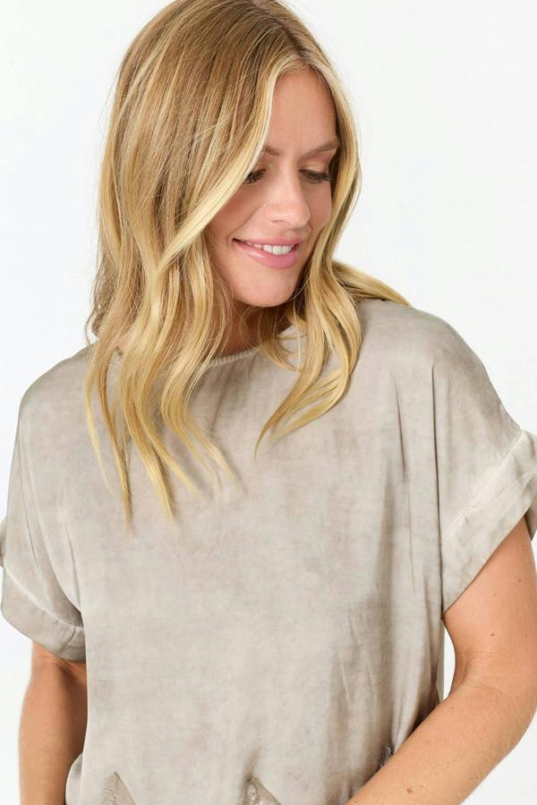 Taupe | Lace Trim Relaxed Cap Sleeve Top