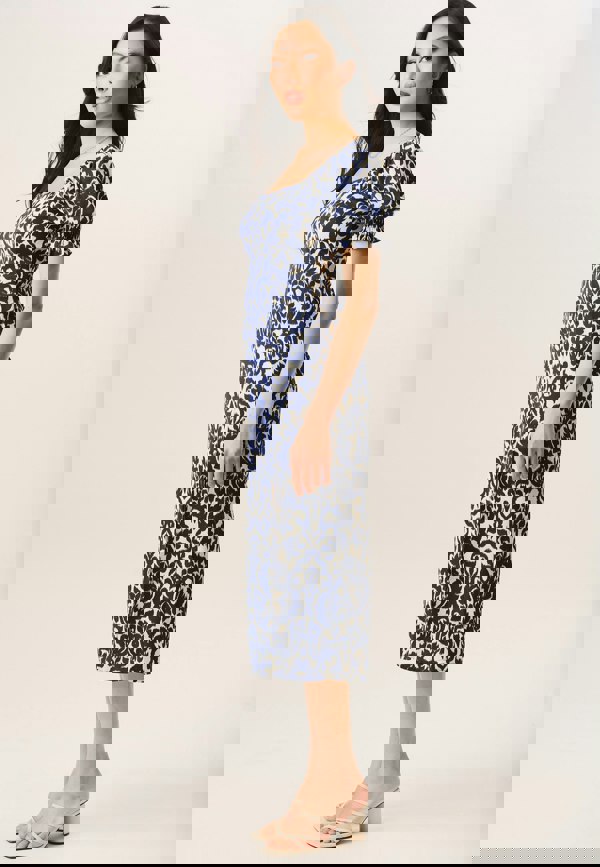 Gini London Blue Short Puff Sleeve Split Hem Midi Dress