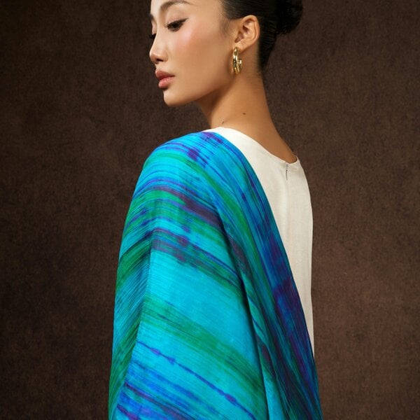 Peacock Blue Brushstroke Silk Scarf – Hand-Dyed Mulberry Silk, Statement & Evening Wrap