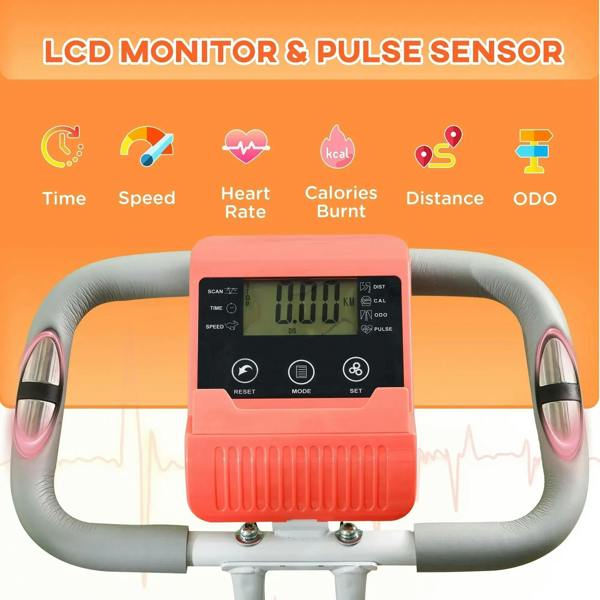 LCD monitor and pulse sensor on orange and gray exercise bike handlebar console