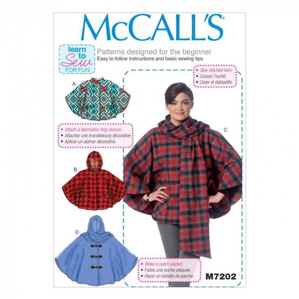 McCalls 7202 Paper Sewing Pattern – Women's Poncho, Size XS-M, Beginner, Easy