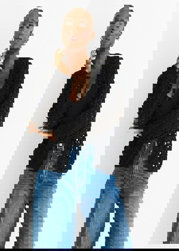 Gini London Black Open Knit Edge to Edge Cardigan